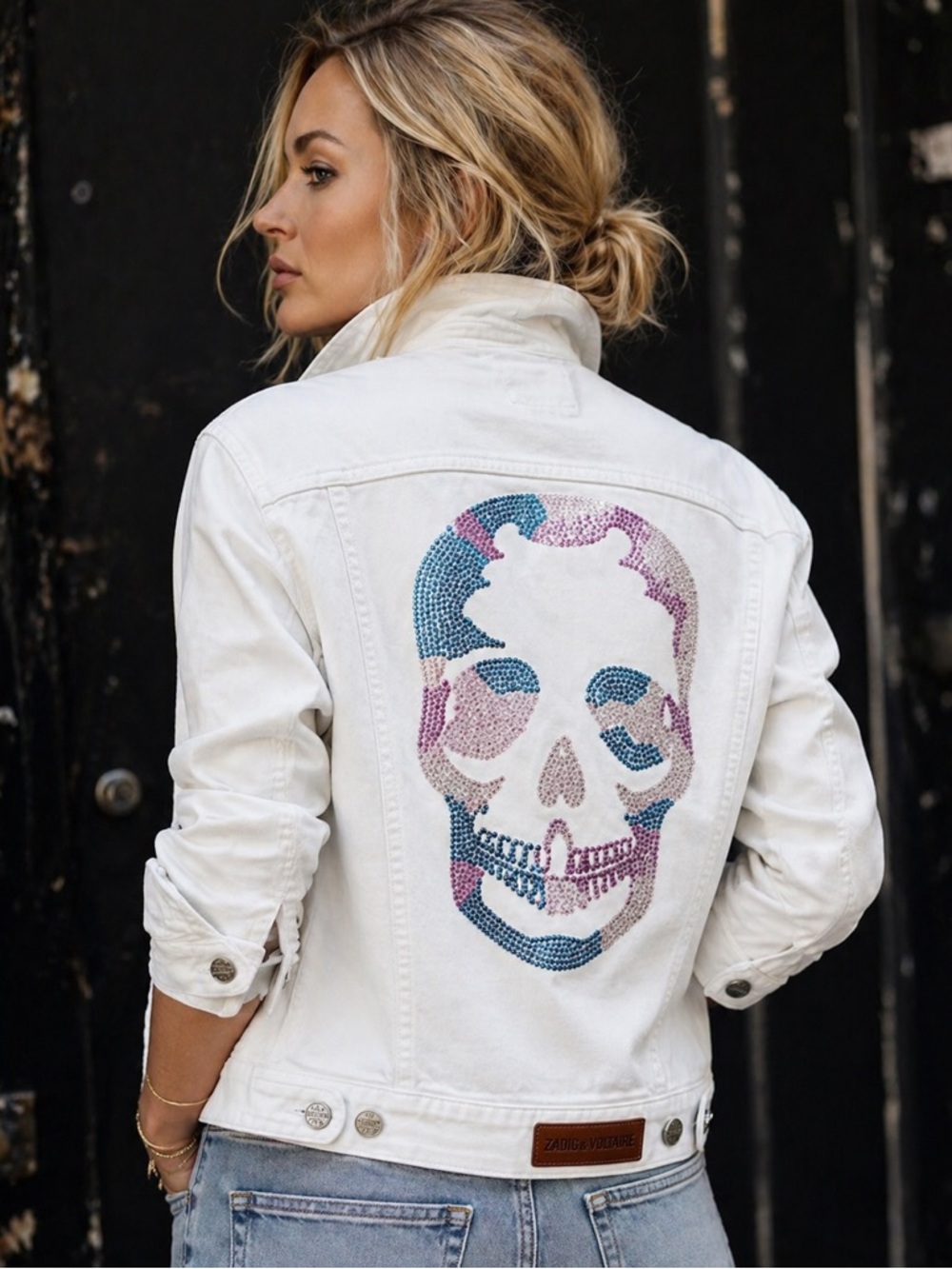 Zadig & Voltaire Skull Denim Jacket White Rhinestone NWT L